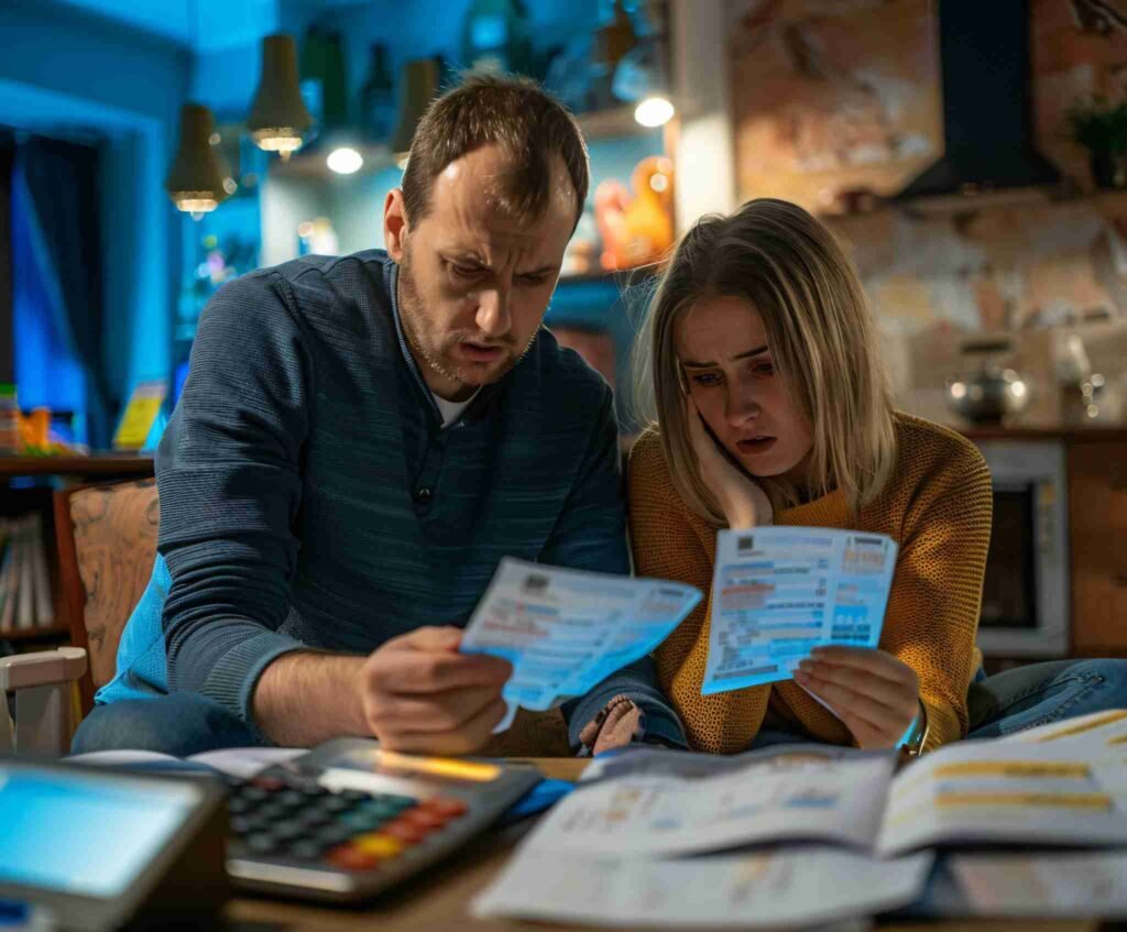 Worried couple reviewing bills and financial documents at home, highlighting financial stress and the importance of life insurance planning.