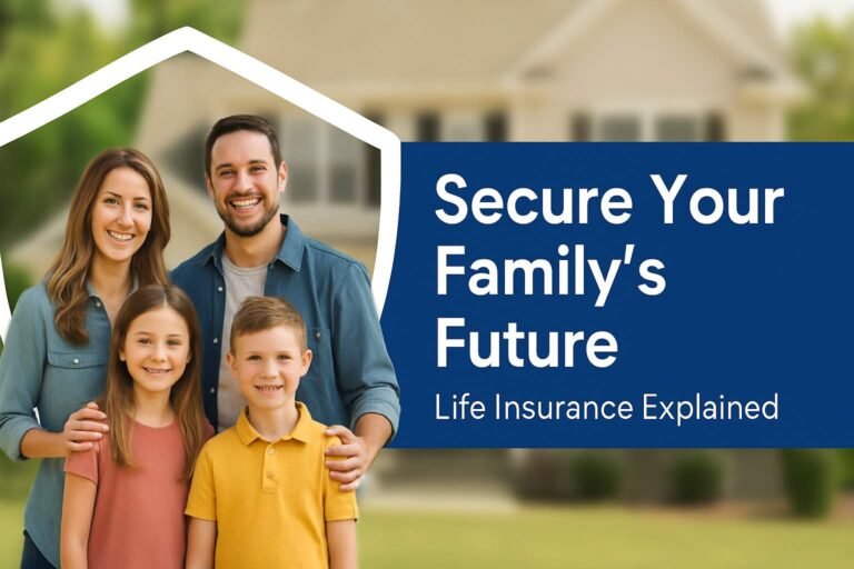 "Happy family smiling together at home symbolizing life insurance and family security with overlay text reading 'Life Insurance = Family Security' and a protective shield icon."