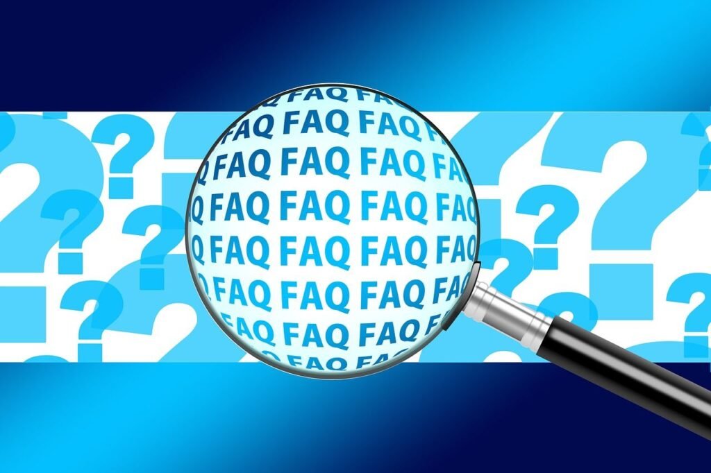Magnifying glass highlighting FAQ text with question marks in the background, representing common questions about term life insurance policies.