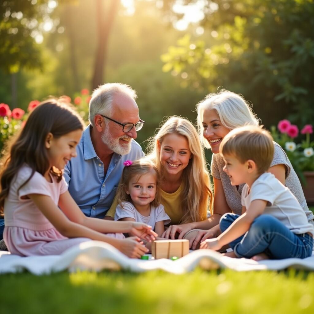 "Happy family enjoying time together outdoors, representing love, life insurance protection, and security."