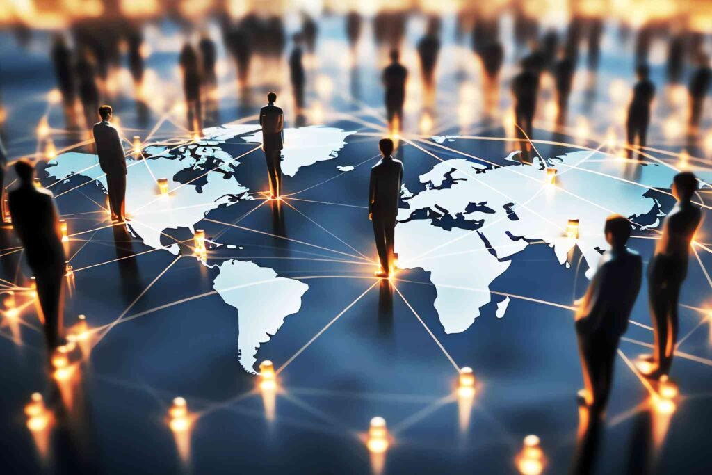 Silhouettes of people standing on a world map connected by glowing lines, symbolizing the global reach and protective network of term life insurance.