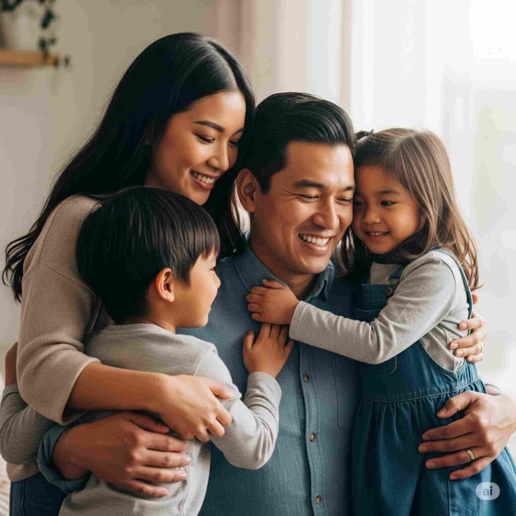 Parent with kids symbolizing protection