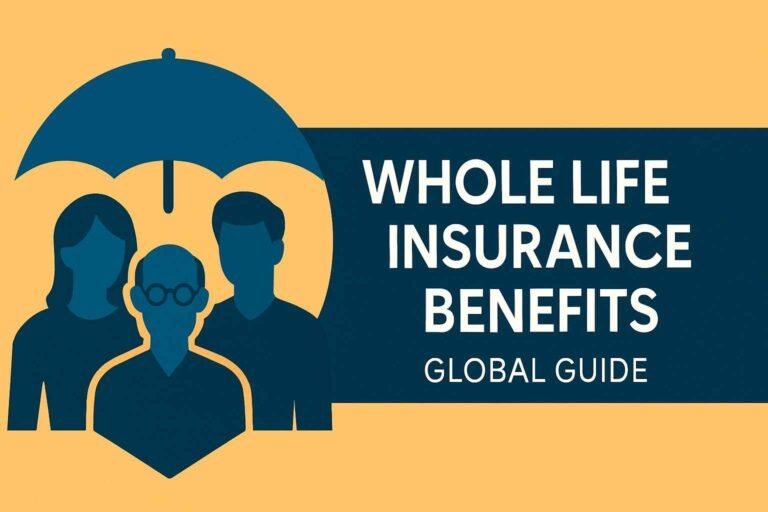 Illustration of three people (woman, elderly man with glasses, and young man) under a large umbrella, symbolizing protection, with the text ‘Whole Life Insurance Benefits – Global Guide’ on the side