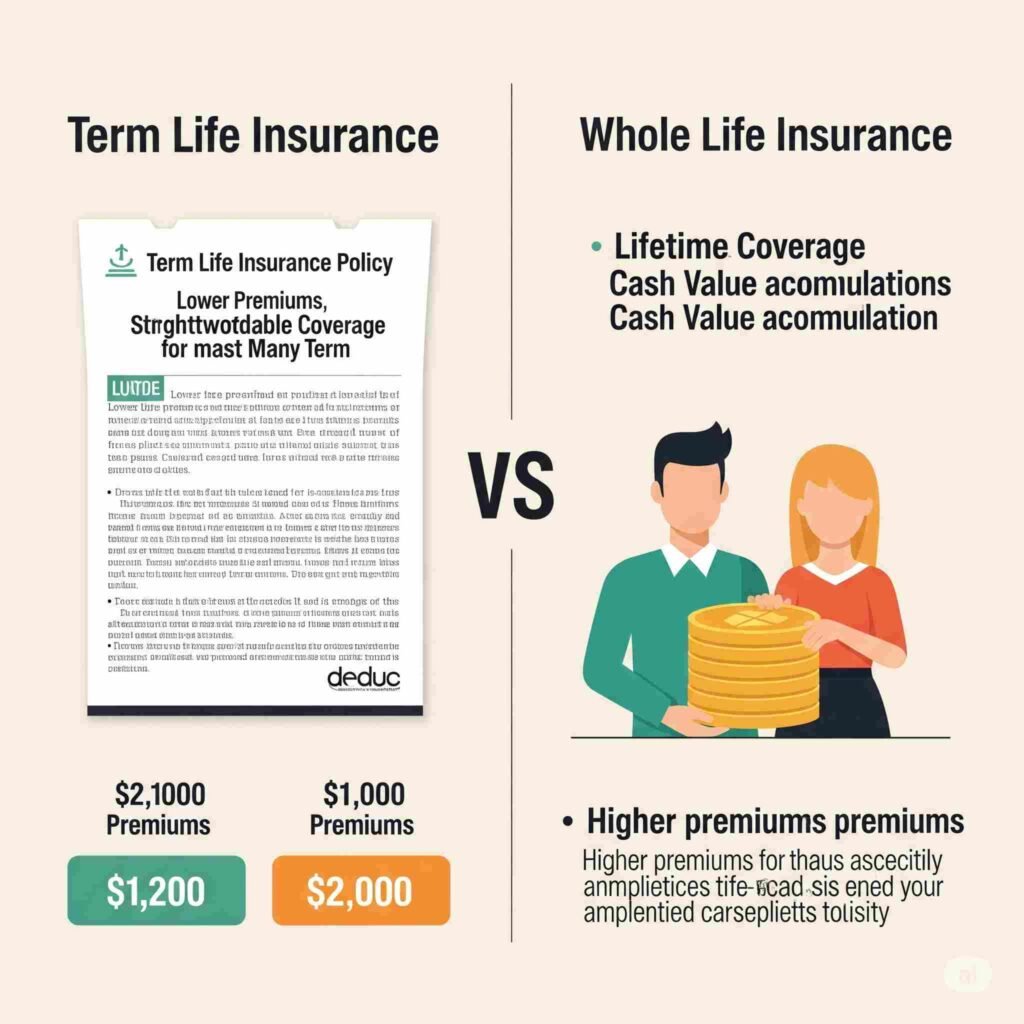 Term life insurance vs. Whole life insurance: An infographic emphasizing affordable single moms life insurance USA.