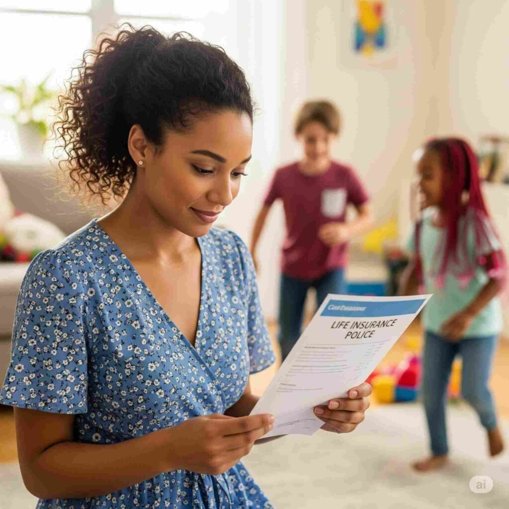 A single mom looking relieved while reviewing her single moms life insurance USA policy, with her children playing happily.