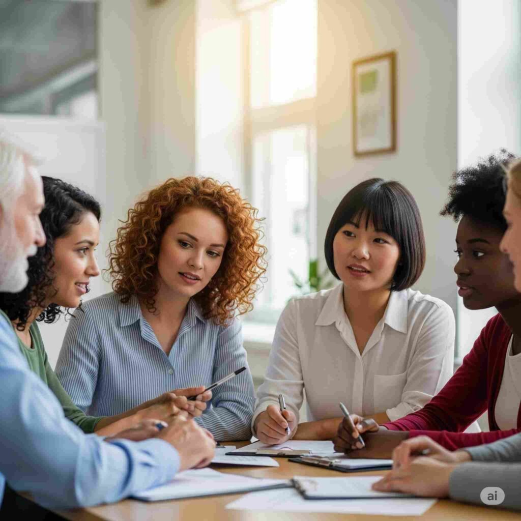 A group of diverse single mothers discussing single moms life insurance USA options with a financial advisor.