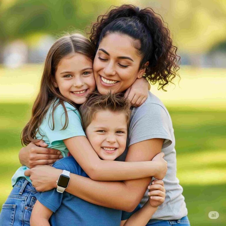 A loving single mom hugging her two children, highlighting the importance of single moms life insurance USA.