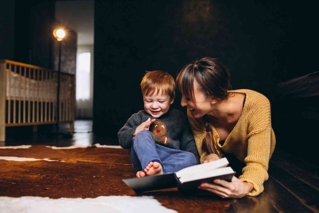 "A parent reading a story to a child in a cozy British living room, illustrating the security and support for families provided by UK lifestyle life insurance."