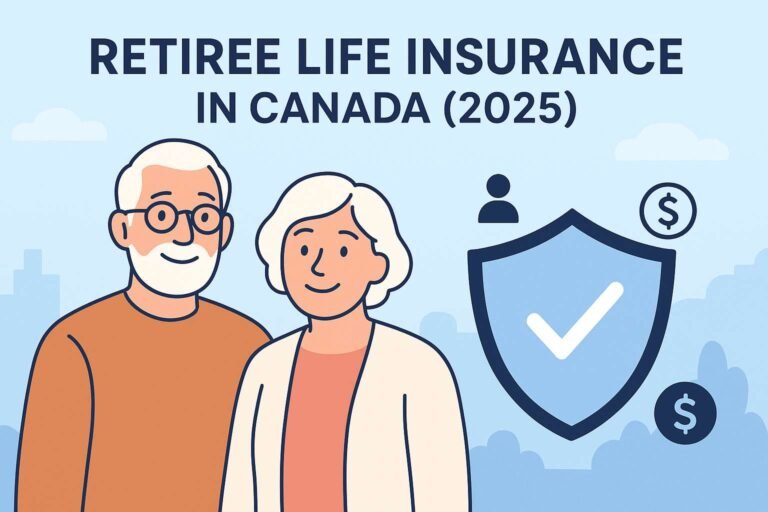 Retiree life insurance in Canada 2025 illustration with senior couple and protection shield.