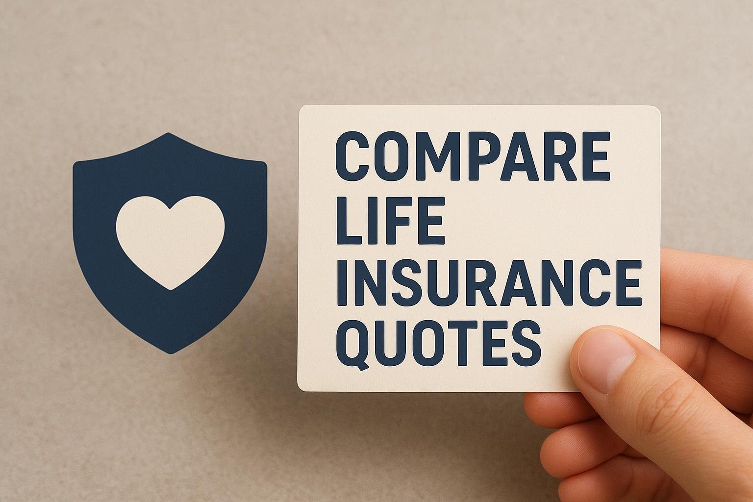 Hand holding a card with “Compare Life Insurance Quotes” text beside a shield icon with a heart.