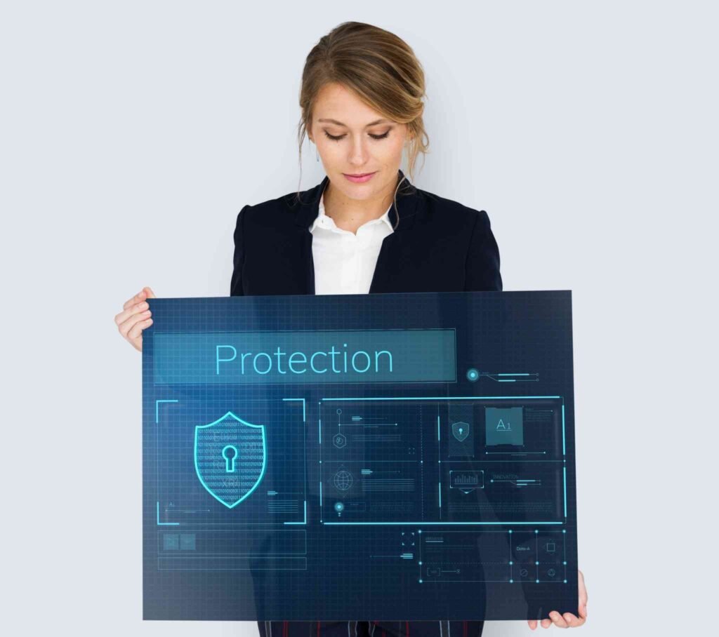 Hands interacting with a transparent digital screen showing secure data and privacy settings, representing user control over personal information in AI insurance.