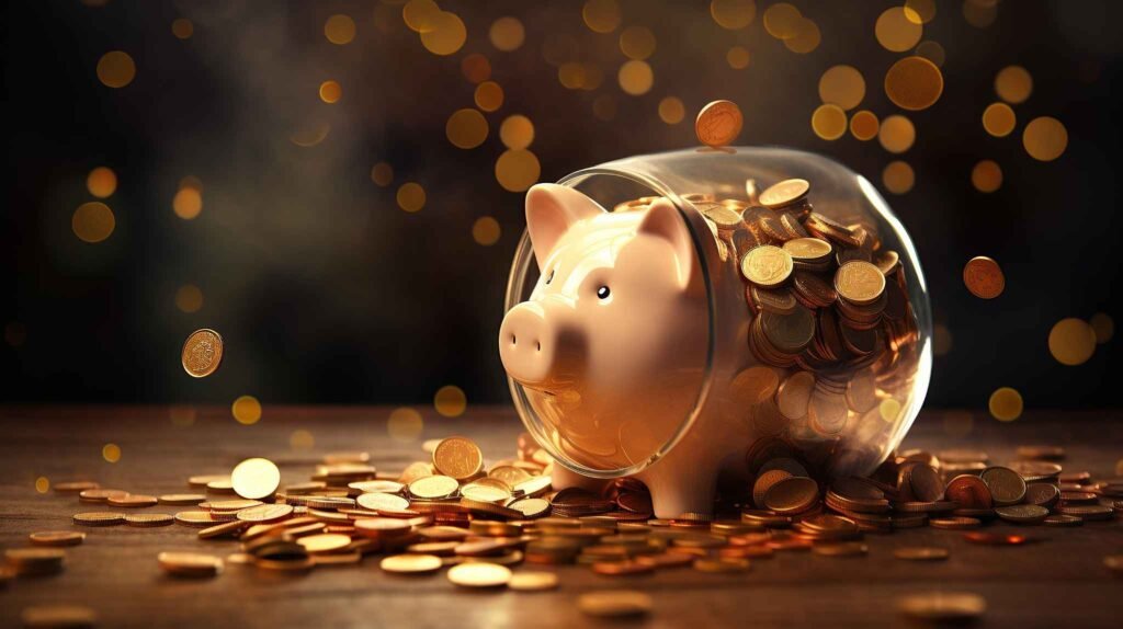 A piggy bank overflowing with coins, symbolizing the lifelong savings and cash value accumulation benefits of whole life insurance.