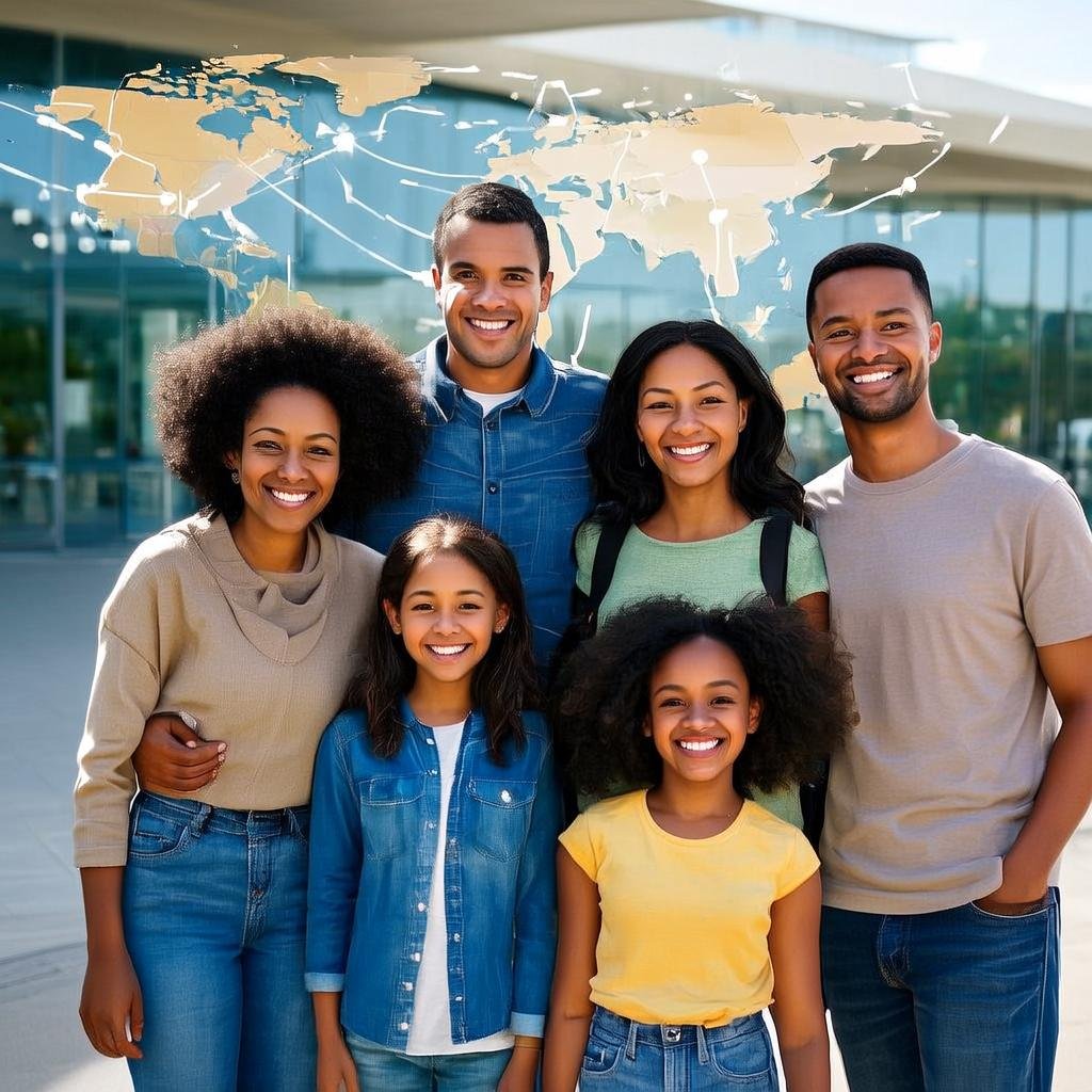 Smiling immigrant family with luggage in their new country. A fresh start often means considering Life Insurance for Expats and Immigrants for a secure future.
