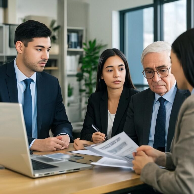 A young immigrant couple is discussing life insurance options with an advisor in the United States.