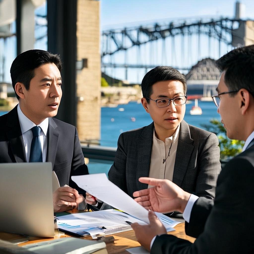 An Immigrant couple is exploring life insurance options with a broker near the Sydney Harbour.