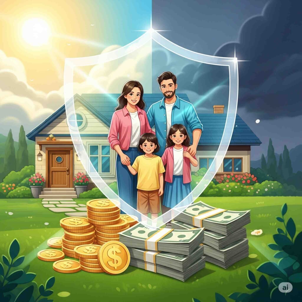 A vibrant illustration showing a happy family (parents and two children) standing in front of their home, protected by a glowing shield. Stacks of money and gold coins are safely beneath them. The background transitions from sunny to slightly stormy, symbolizing financial security against unforeseen events.