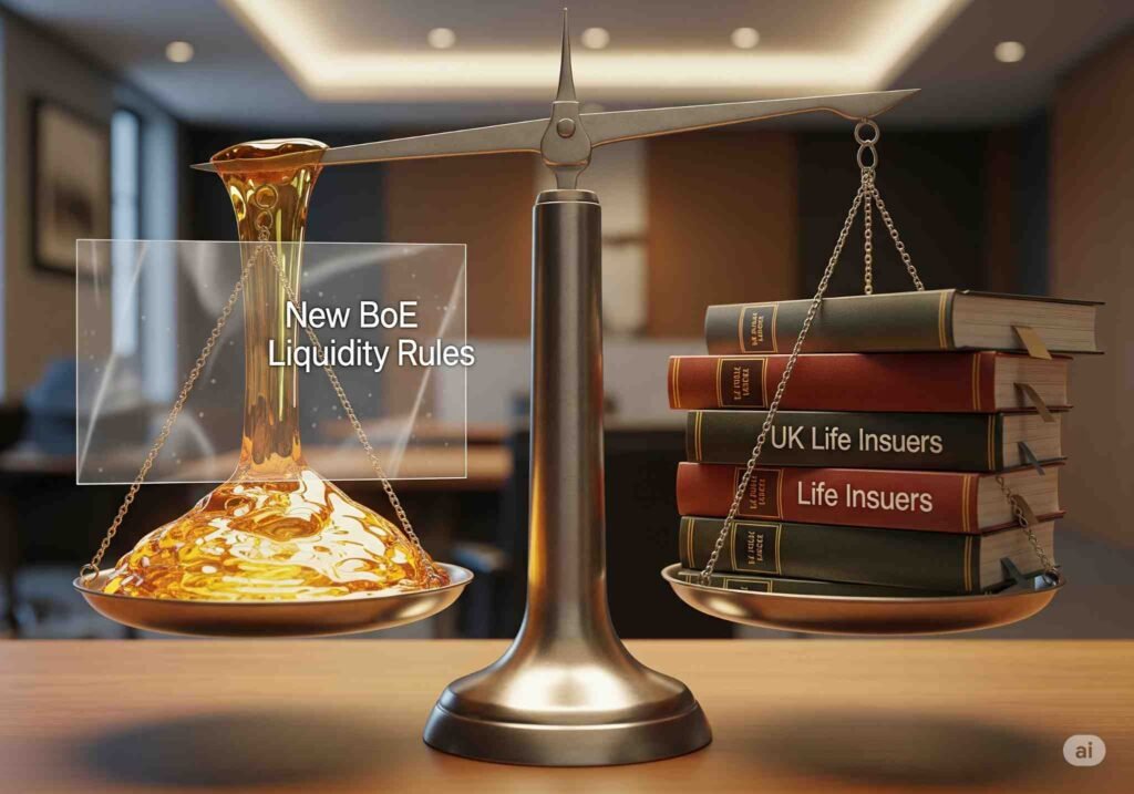 Financial scales perfectly balanced with liquid assets on one side, symbolising the impact of new BoE Liquidity Rules on UK life insurers.