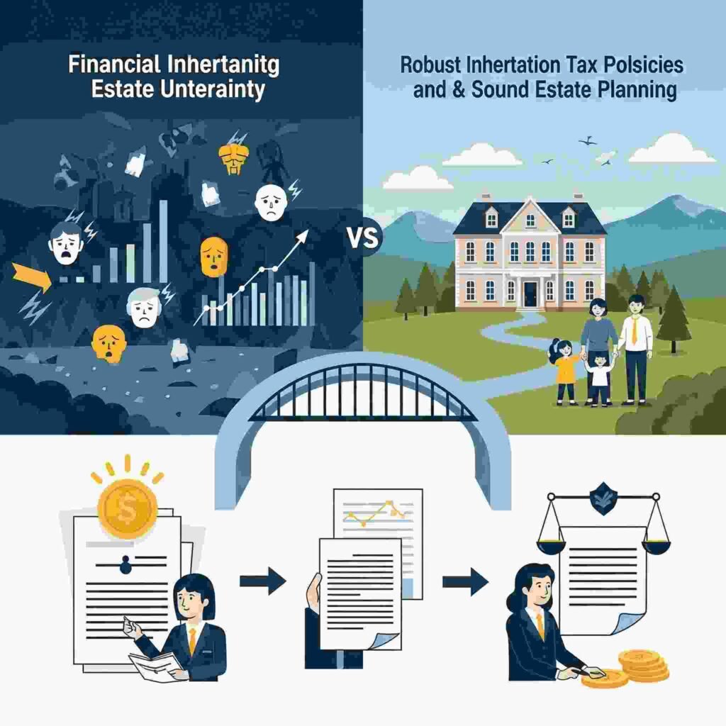 Comparing financial uncertainty with the security provided by inheritance tax policies and estate planning.