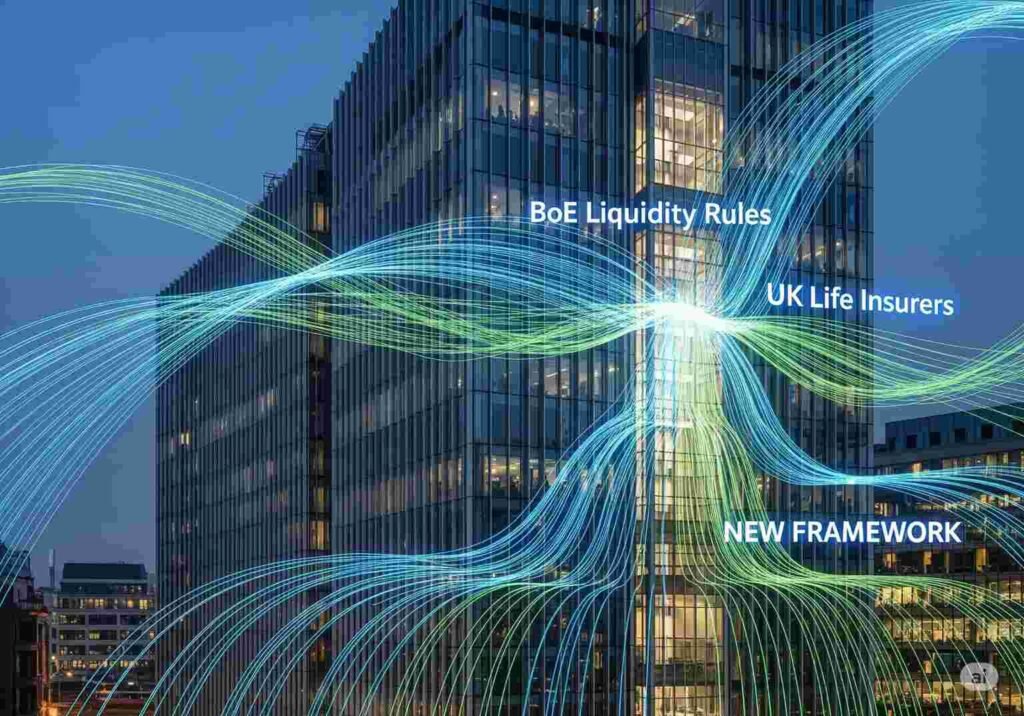 A modern financial building in London with abstract data flows, representing the robust framework of new BoE Liquidity Rules for UK life insurers.