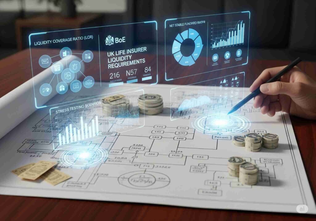 A financial blueprint with digital overlays, representing the detailed planning required by the new BoE Liquidity Rules for UK life insurers.