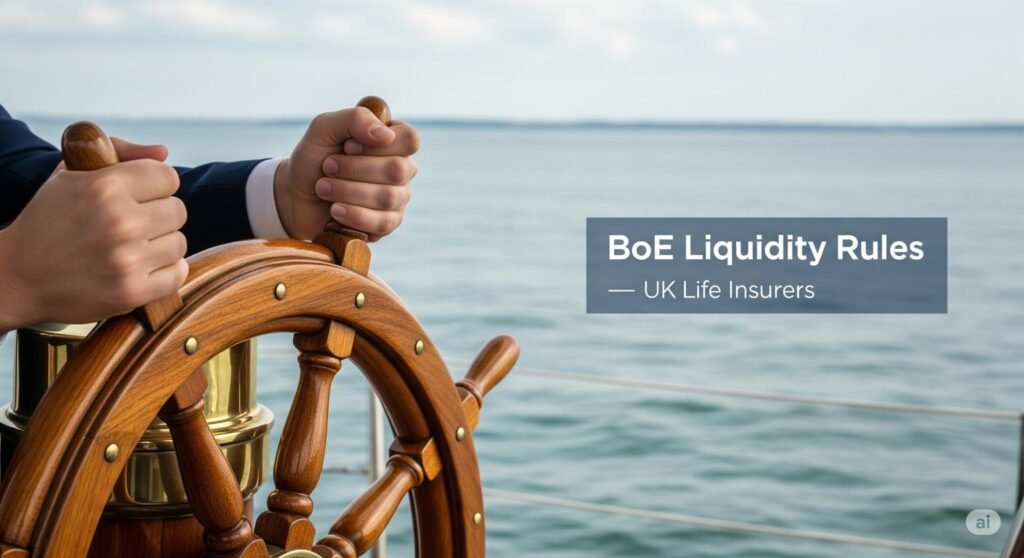 A professional hand steers a ship's helm over calm waters, symbolising firm control amidst new BoE Liquidity Rules for UK life insurers.