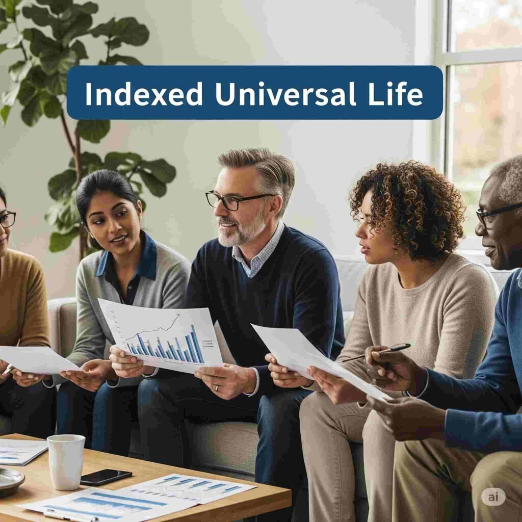 Financial advisor discussing a positive IUL growth outlook with a client, emphasizing expert guidance for your portfolio.