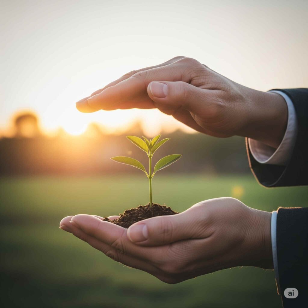 Hands protecting a growing asset, representing the secure IUL growth outlook and principal protection benefits.