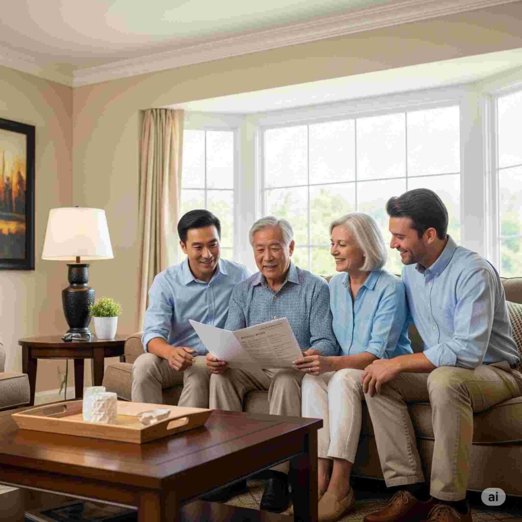 Family reviewing their estate plan, showcasing the peace of mind offered by sound financial strategies including inheritance tax policies.