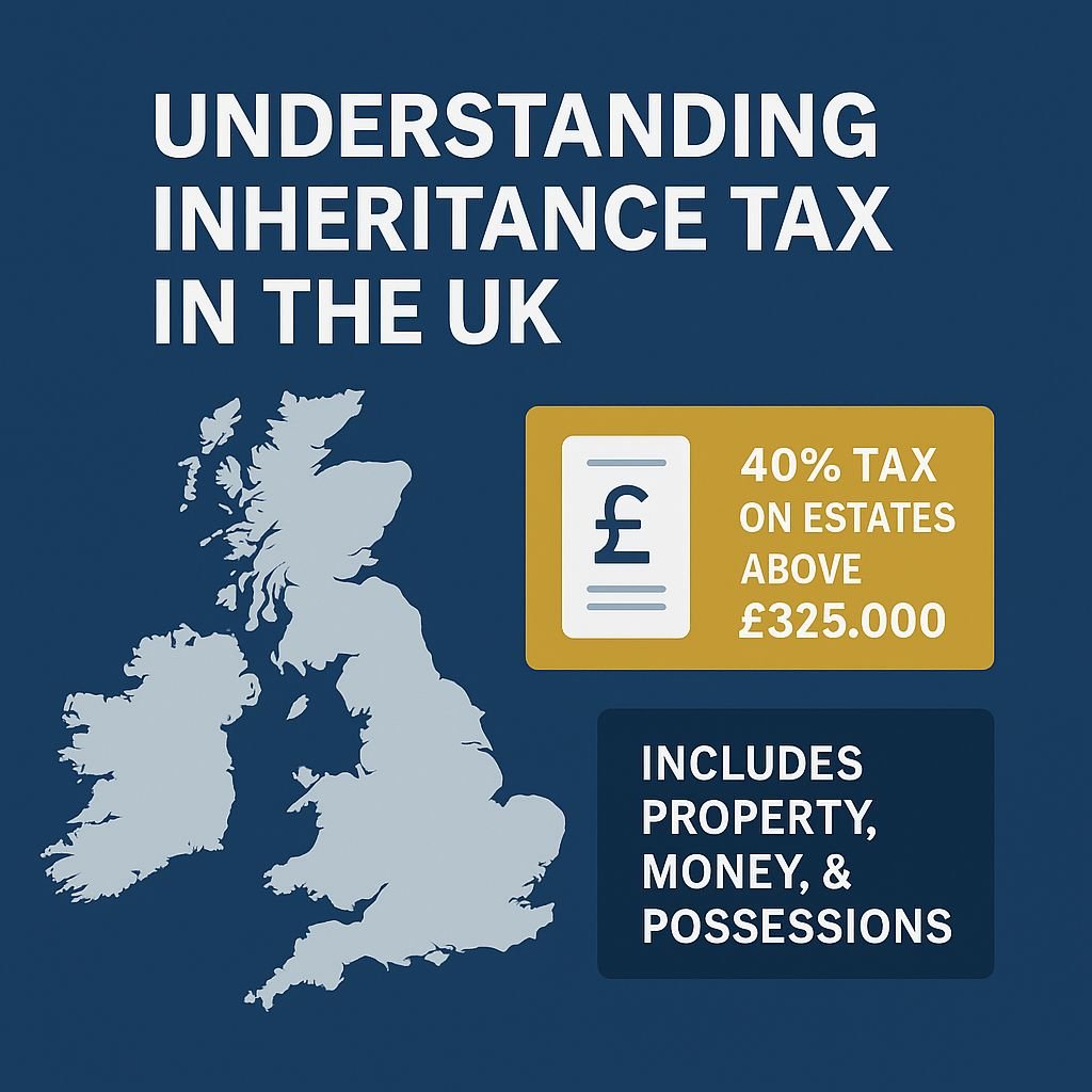 nfographic explaining inheritance tax in the UK with visuals of documents, currency, and legal icons