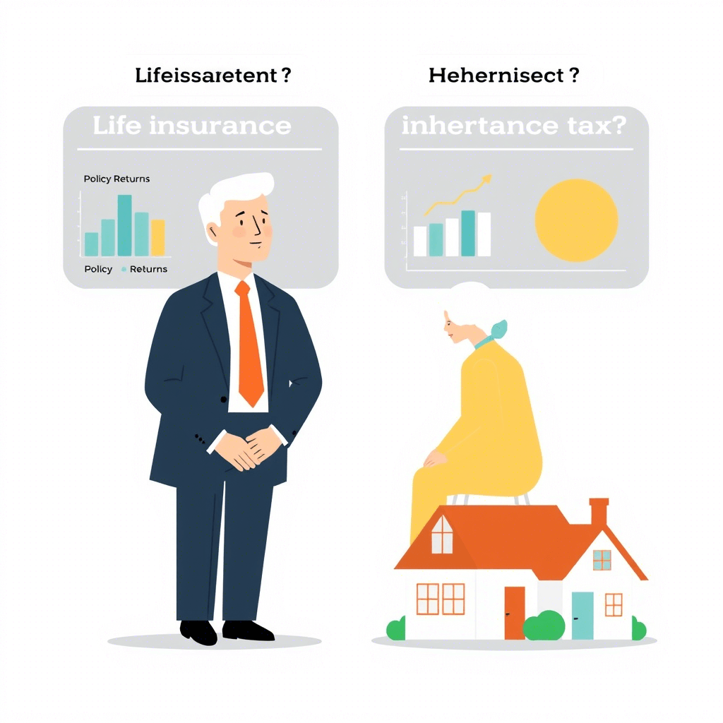 An image illustrating the concepts of life insurance and inheritance tax, showing a man with policy returns and a woman on a house with an inheritance tax graph.