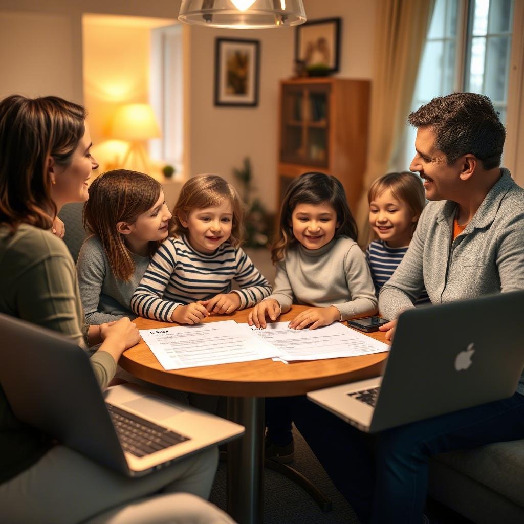 A happy family of six, including two adults and four young children, sitting around a round table in a cozy living room. They are smiling and engaged in a discussion, with documents and two laptops in front of them, creating a warm and collaborative atmosphere.