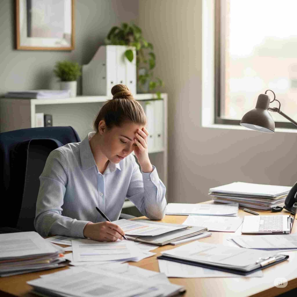 A person looking overwhelmed at a messy office desk in an Australian professional setting, illustrating workplace stress affecting mental health Australia.