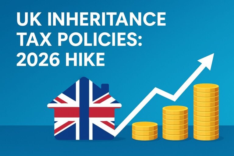 Illustration of UK inheritance tax policy changes in 2026, showing rising tax rates, family estate planning, and financial impact with British pound and government icons"