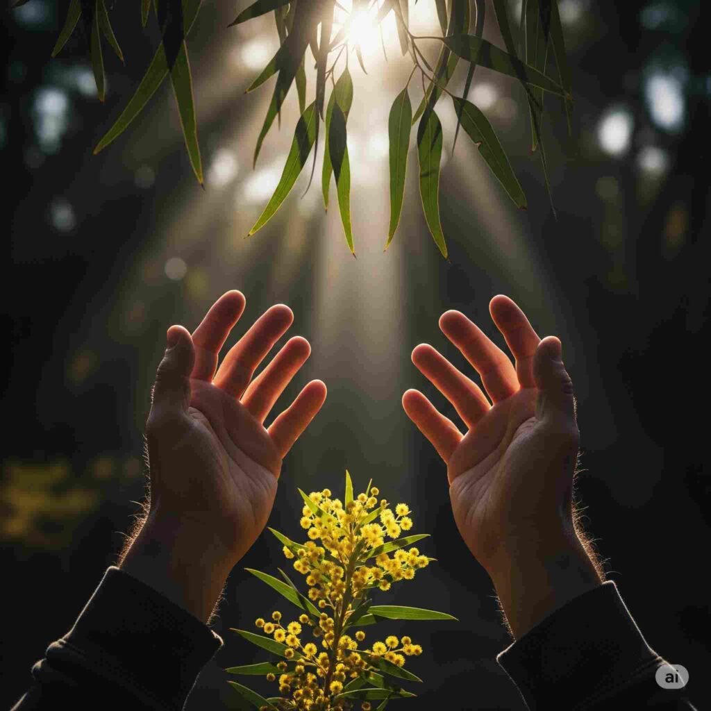 Hands reaching up towards sunlight and a wattle flower, symbolizing seeking help and support for mental health Australia.