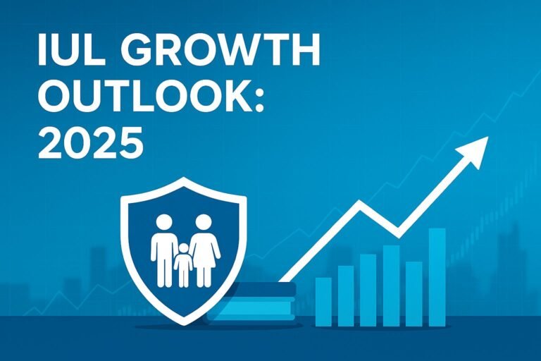 A digital graphic thumbnail for the blog "IUL Growth Outlook 2025," featuring a futuristic financial growth chart with upward arrows, coins, and a secure insurance shield, symbolizing Indexed Universal Life insurance trends.