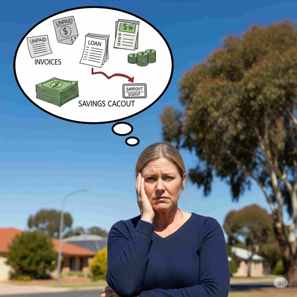 An Australian person looking stressed, with a thought bubble showing financial worries, representing the impact on mental health Australia.