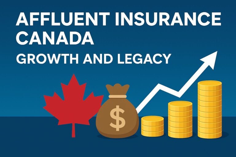 Infographic titled 'Affluent Insurance Canada: Growth and Legacy' featuring a red maple leaf, a money bag with a dollar sign, and a rising stack of gold coins with an upward arrow, symbolizing financial growth.