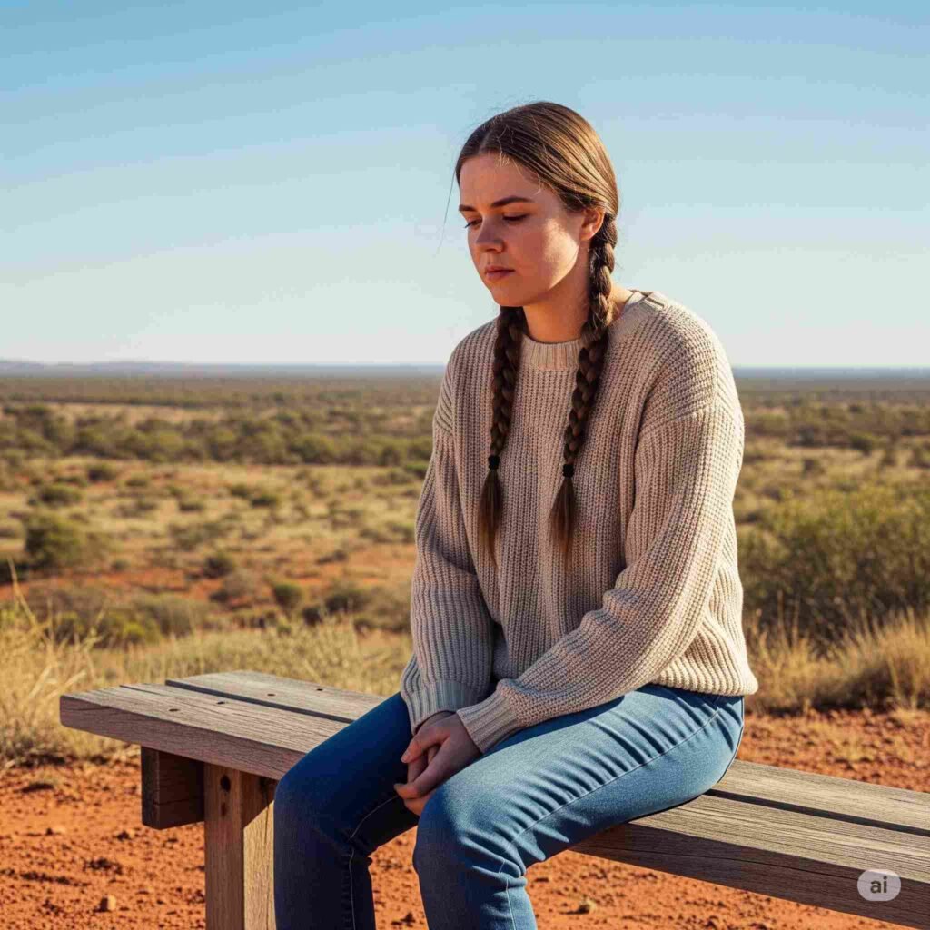 A person sitting alone and looking contemplative on a bench in the Australian outback, symbolizing individual struggles with mental health Australia.