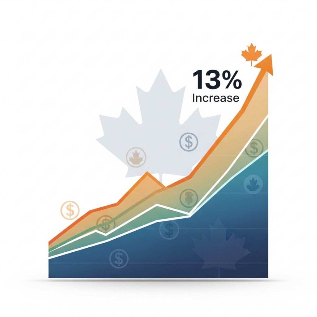 Graph showing 13% financial growth of Permanent Life Insurance Canada premiums in Q1 2025, with Canadian symbols.