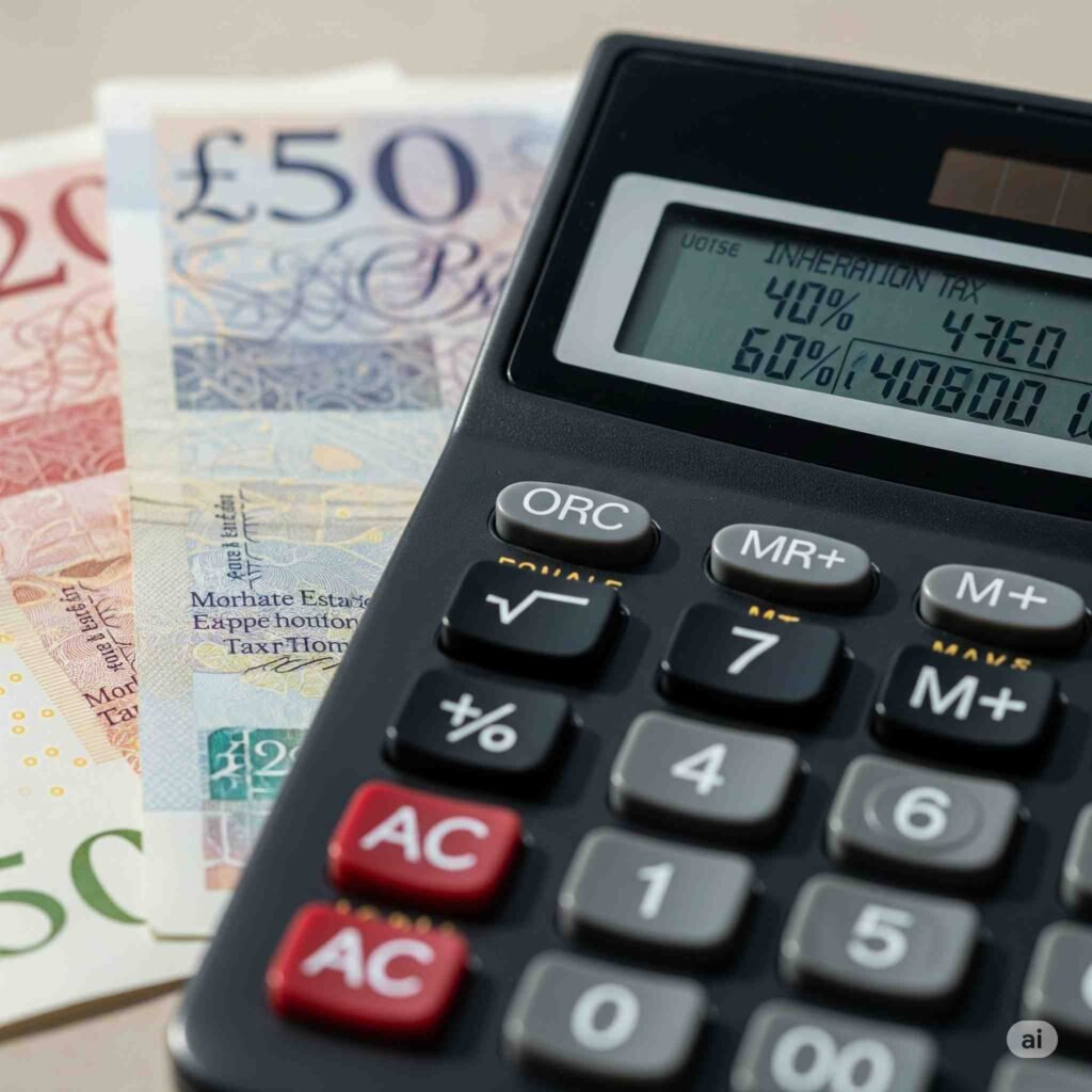Close-up of UK banknotes and a calculator, symbolizing the calculation of UK inheritance tax and financial planning.