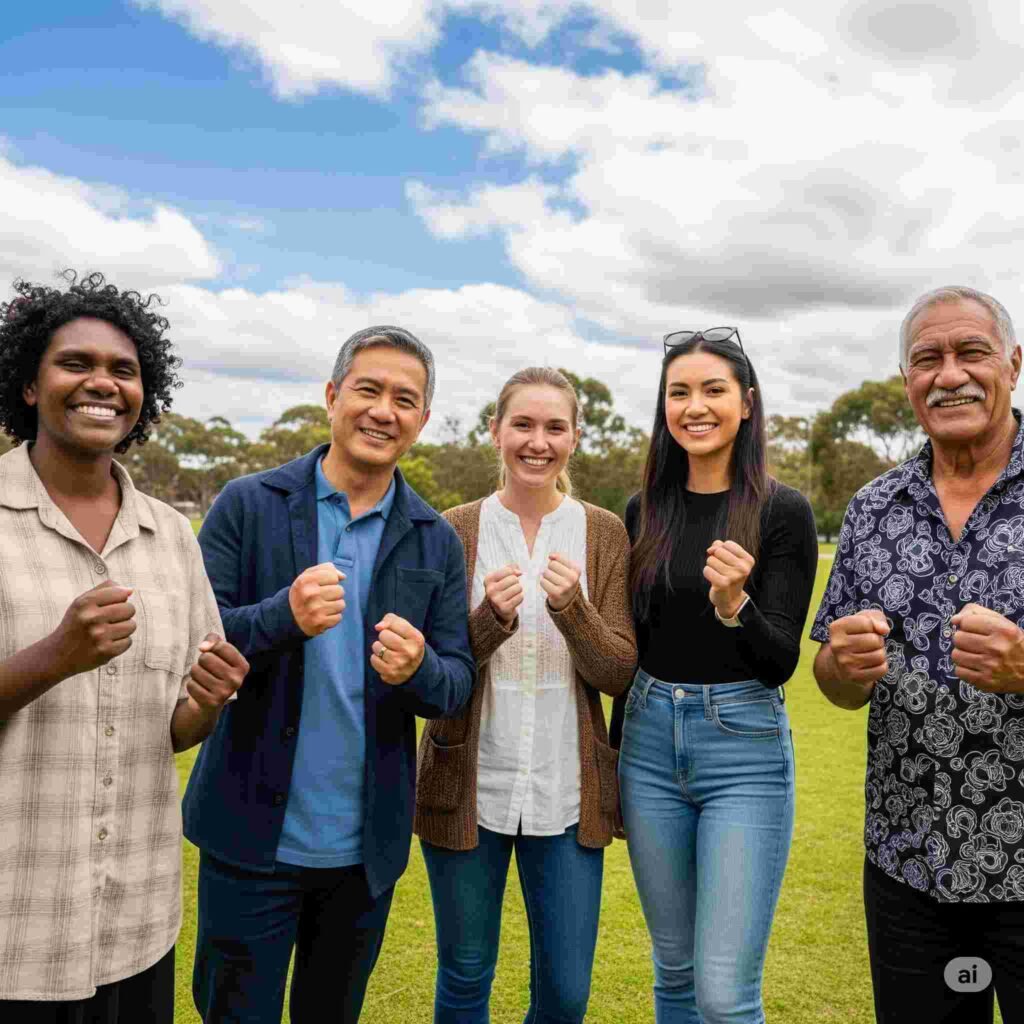 "Diverse group of Australians smiling with peace of mind, now protected from genetic discrimination life insurance with new regulations."