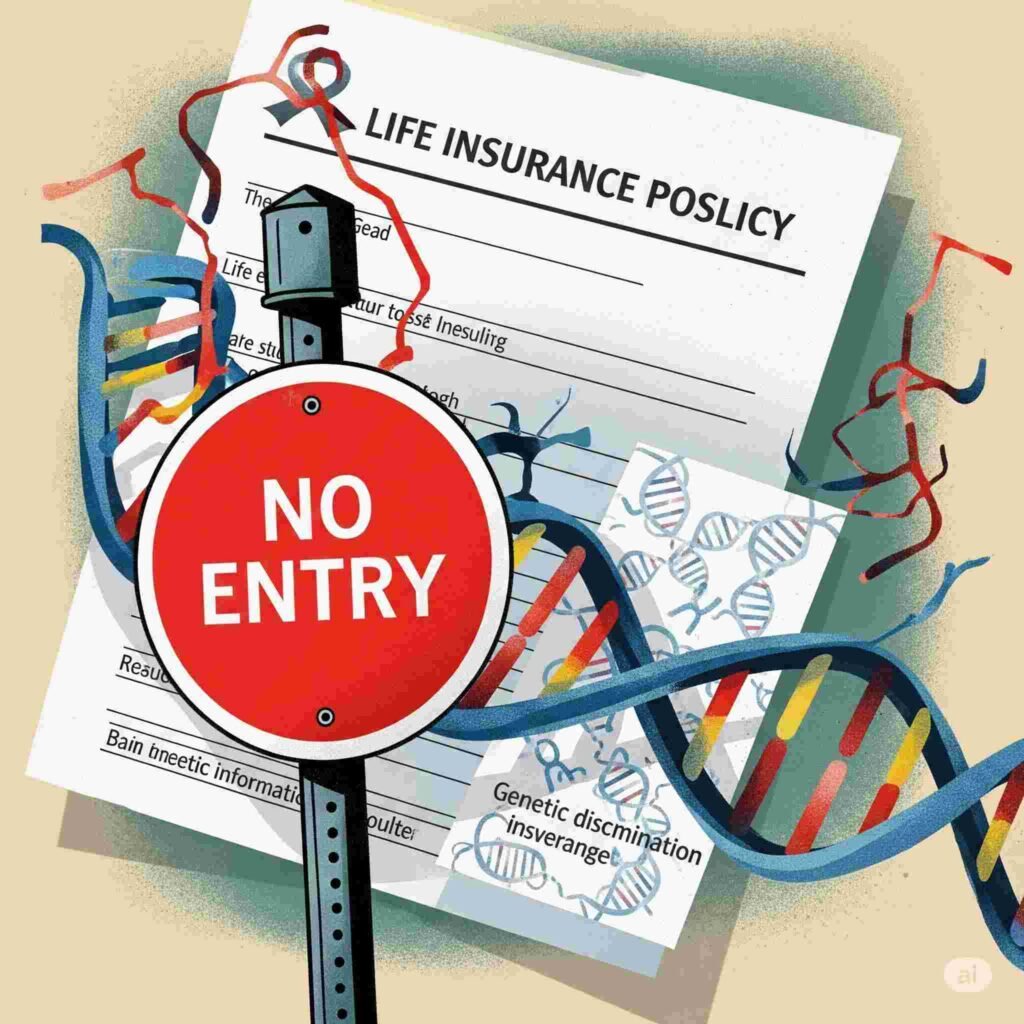 "An illustration showing a 'no entry' sign over genetic test results, symbolising the ban on genetic discrimination life insurance and fair access to cover."