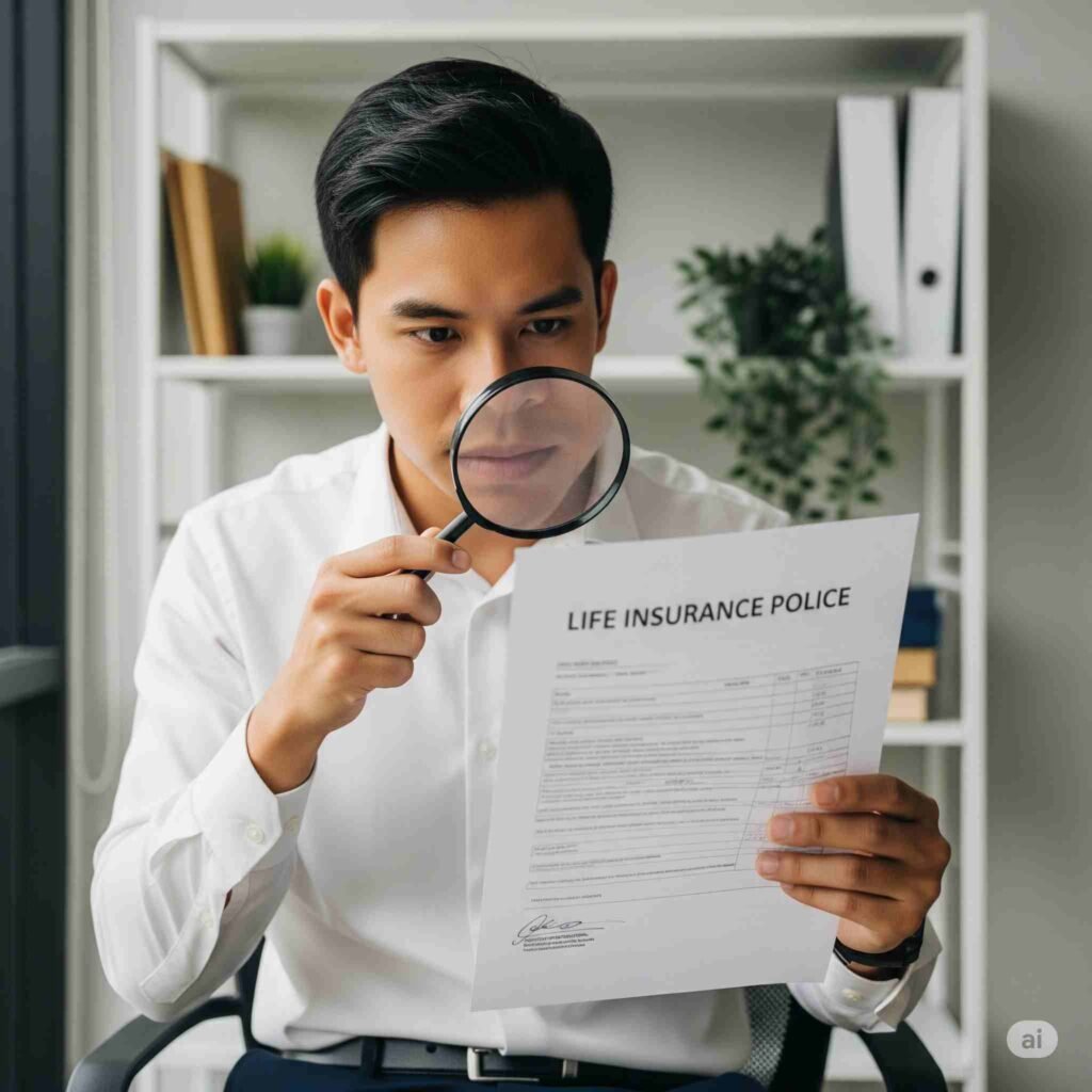 "A person meticulously reviewing their life insurance policy with a magnifying glass, encouraging proactive steps against genetic discrimination life insurance."