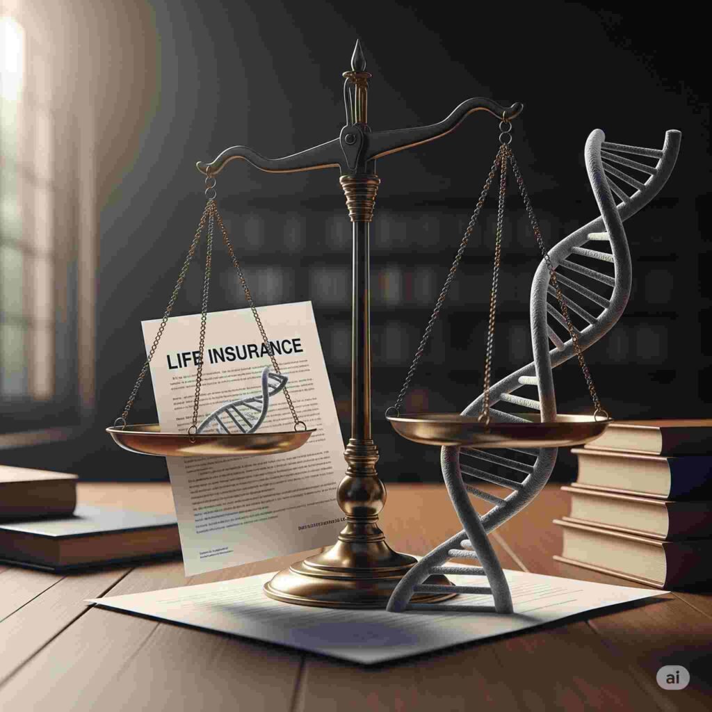 "A symbolic image of scales of justice balancing fairness in life insurance with genetic information, reflecting new laws against genetic discrimination life insurance."