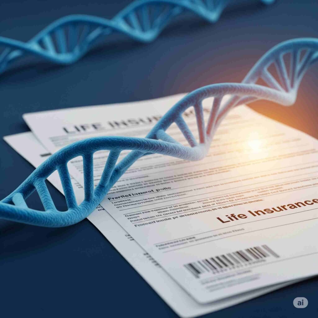 "A visual metaphor of DNA strands connecting with life insurance policy documents, representing the past impact and future freedom from genetic discrimination life insurance."