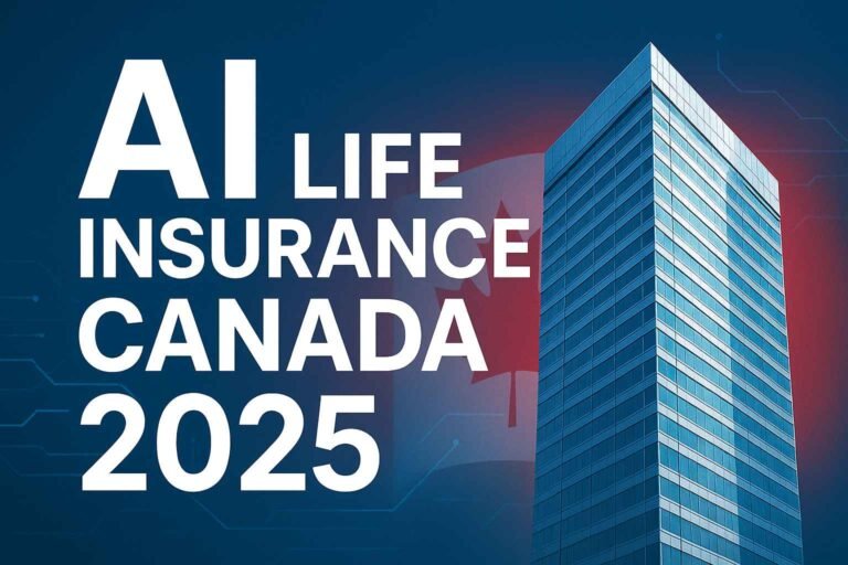 AI Life Insurance Canada 2025 thumbnail with modern skyscraper, digital tech design, and Canadian flag theme."