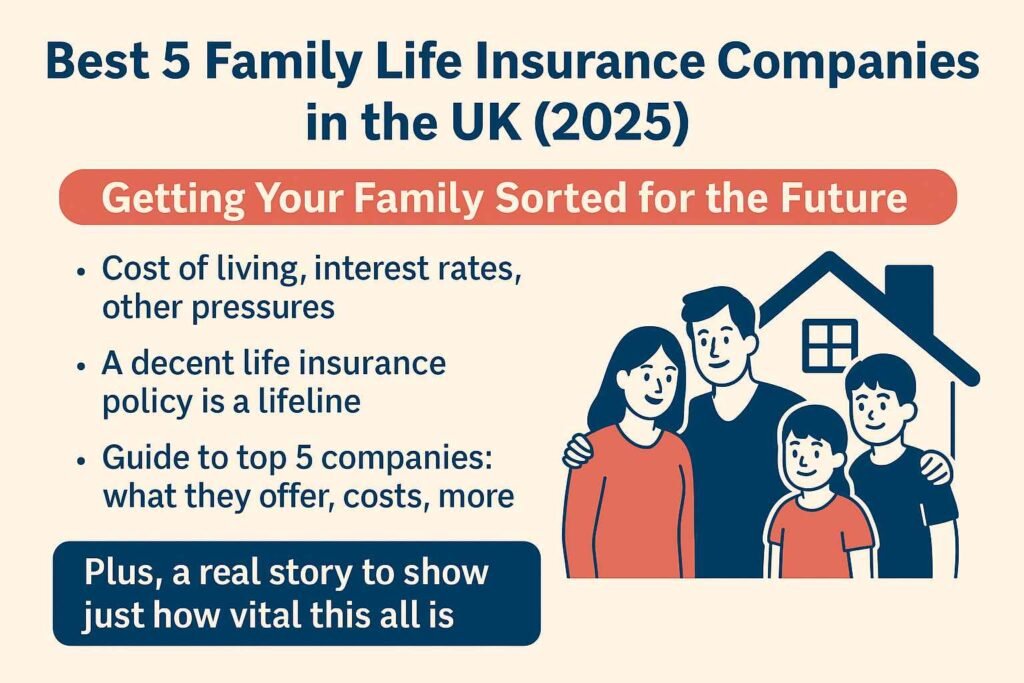 Illustrated family with a house in the background, alongside text about the top 5 UK family life insurance companies in 2025.