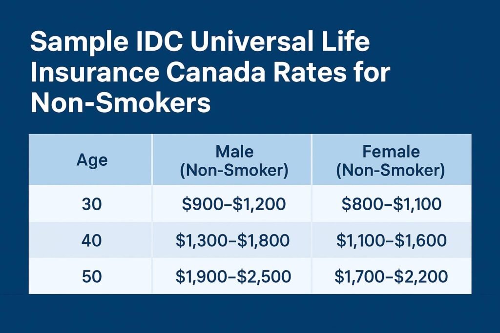 "Sample IDC Universal Life Insurance in Canada rates chart for non-smokers"