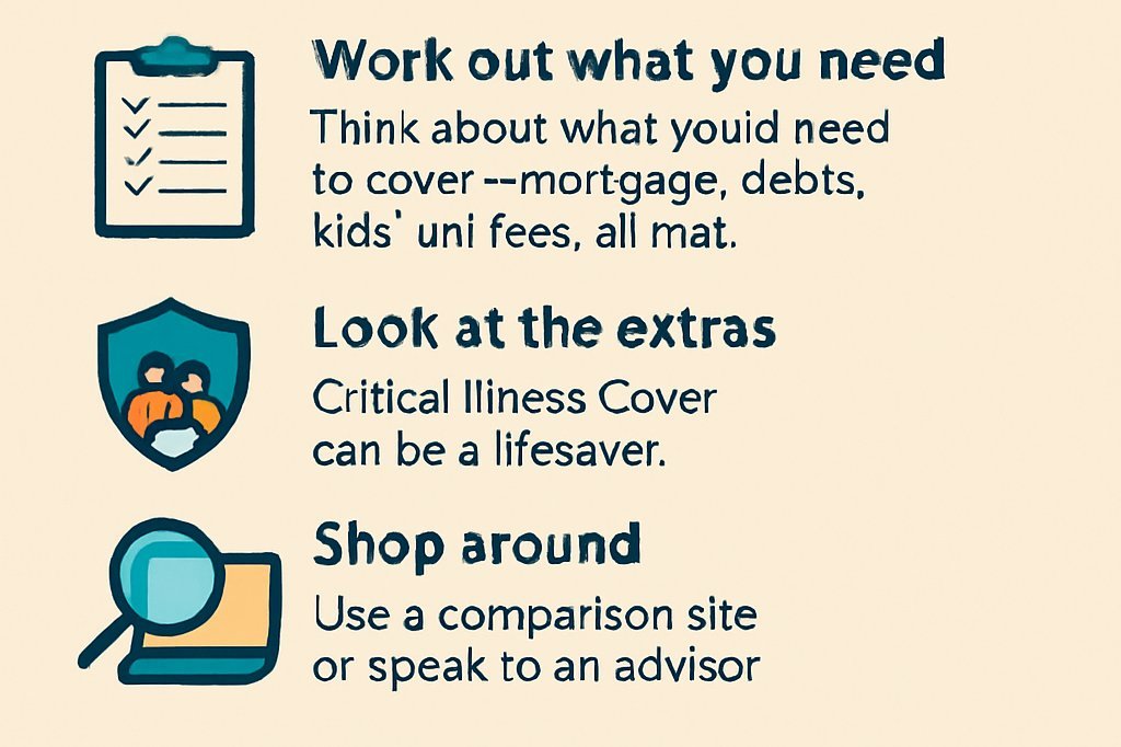 Icons with tips for choosing life insurance: assess needs, consider extras like critical illness cover, and compare options.