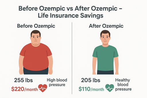 "Before and after Ozempic Life Insurance savings chart showing weight loss, improved health, and lower monthly premium."